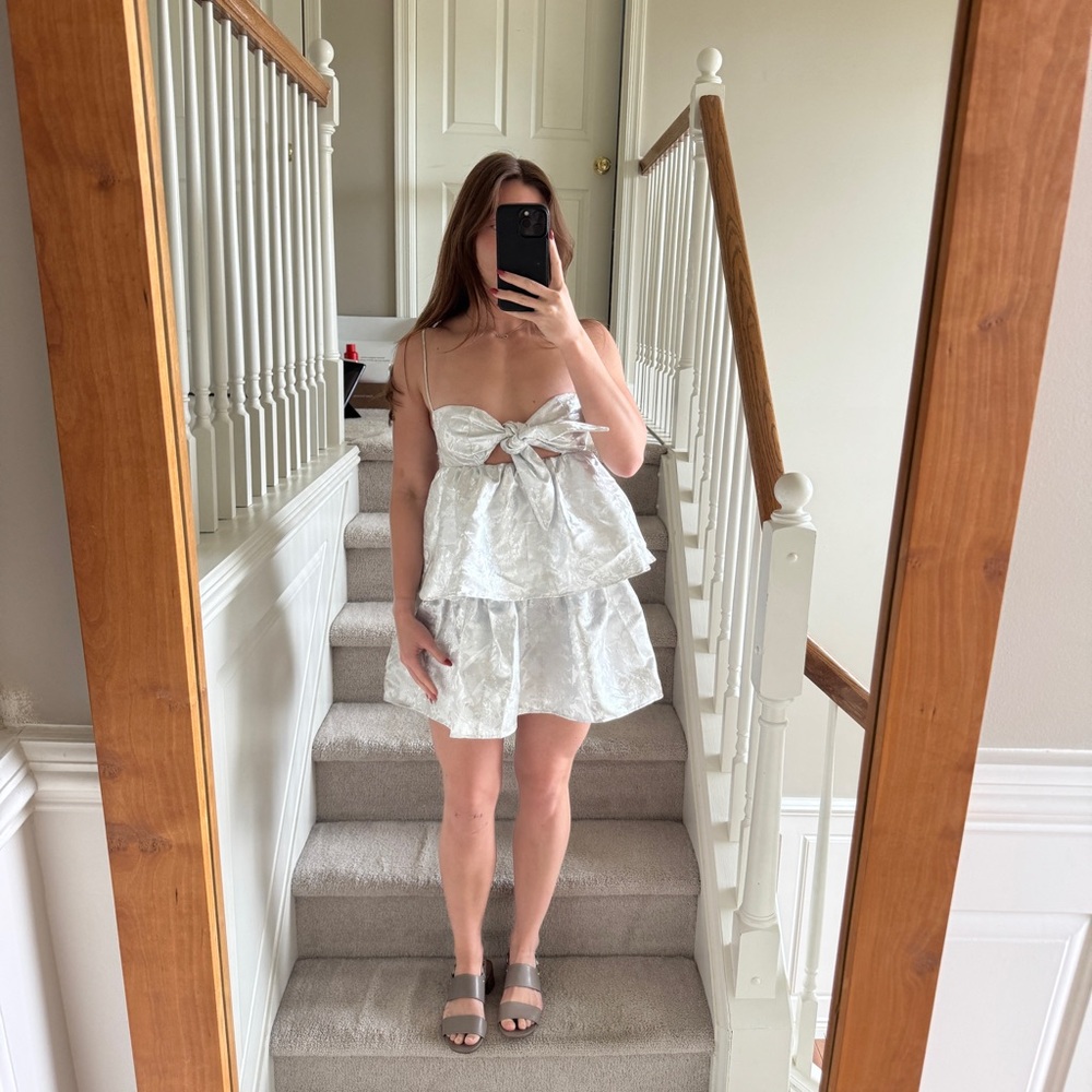 Lucy in the Sky Holiday Jacquard Ruffle Dress in Silver